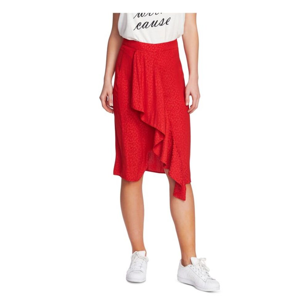 1. STATE Womens Red Below The Knee Wrap Skirt Size: 0